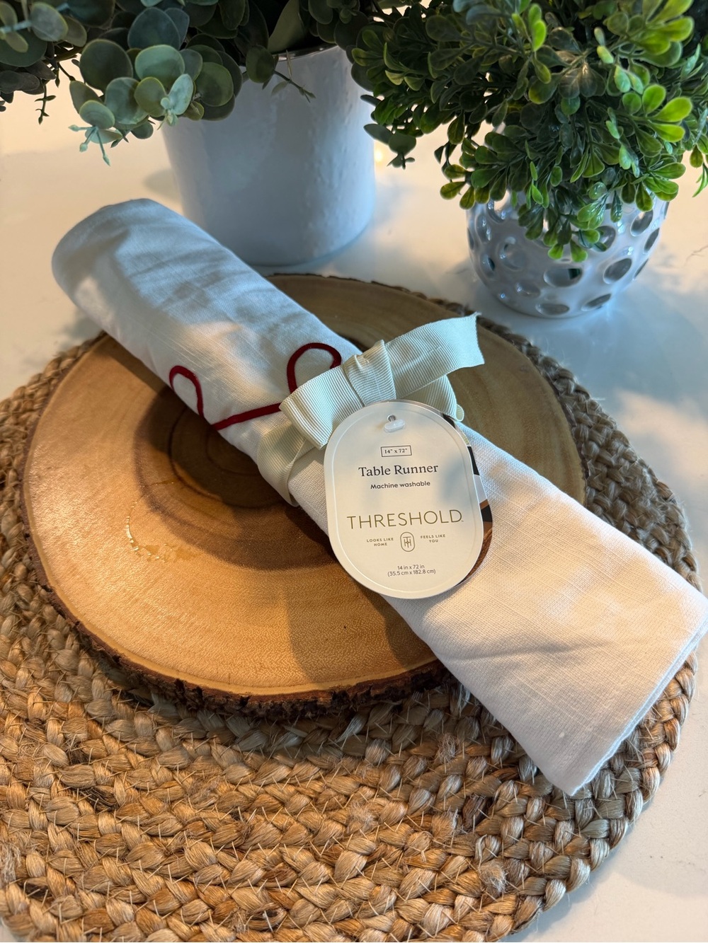 Threshold Ribbon Love Cream Table Runner with  Red Cursive Text